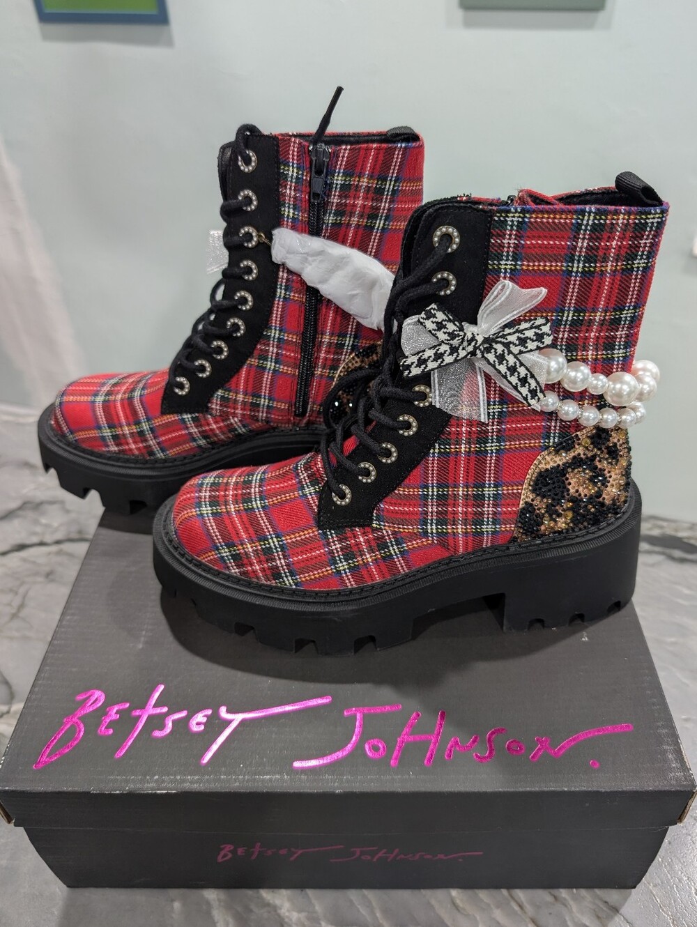 NIB Betsey Johnson Red Plaid Platform Combat Boots, Leopard Sequin & Pearl Strap